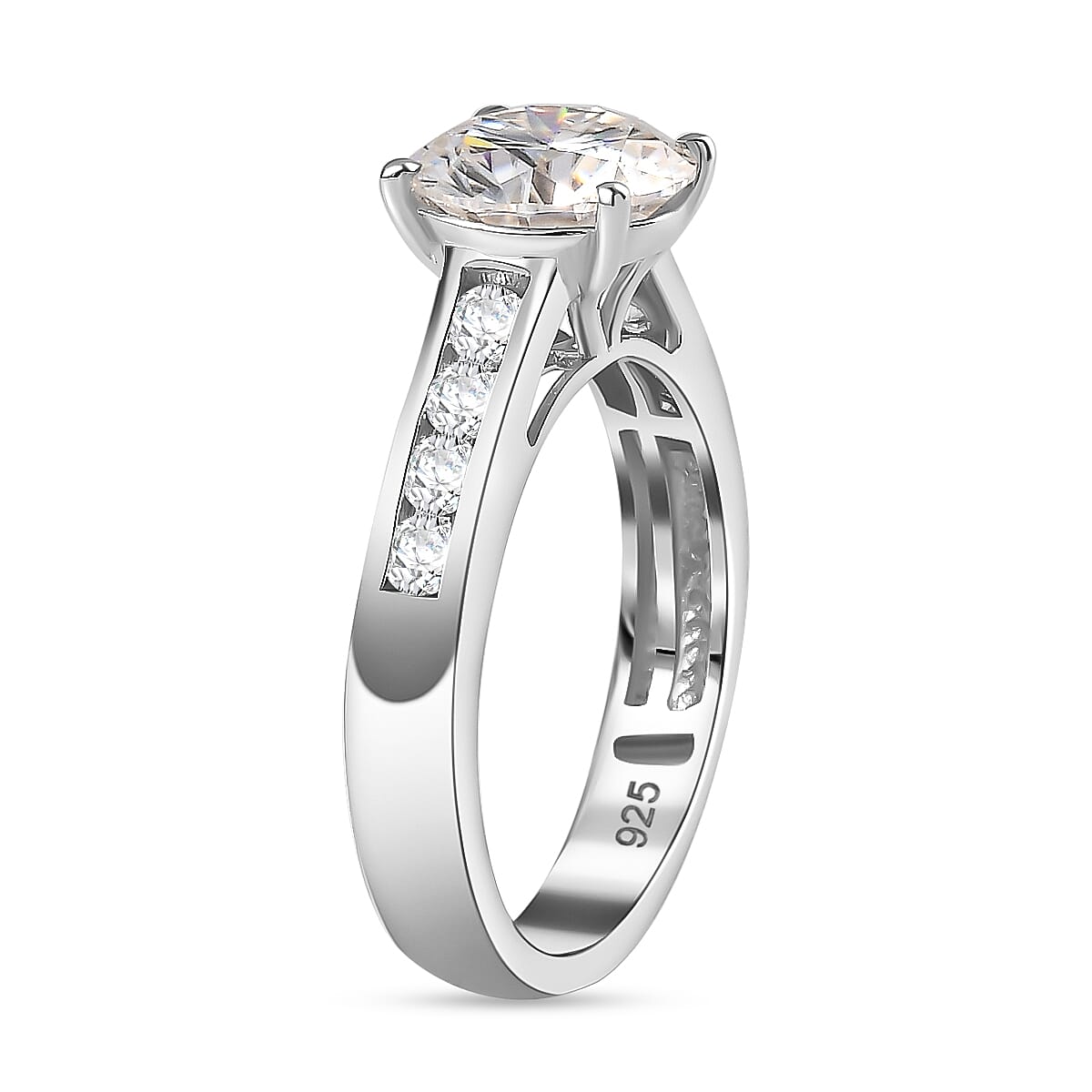 Designer Inspired - Moissanite Solitaire Shoulder Set Ring in Rhodium Overlay Sterling Silver 2.15 Ct 7783754 3
