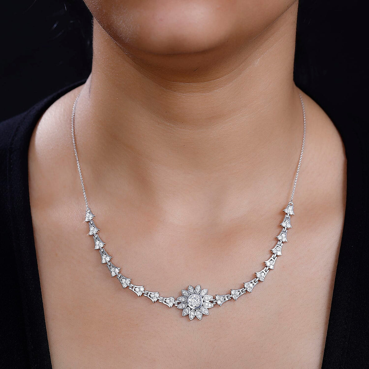 GP Italian Garden Collection - Moissanite Floral Necklace (Size - 20) in Rhodium Overlay Sterling Silver 7792815 3