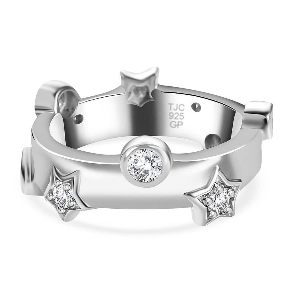 GP Moissanite & Blue Sapphire Moon Star Ring in Platinum Overlay Sterling Silver
