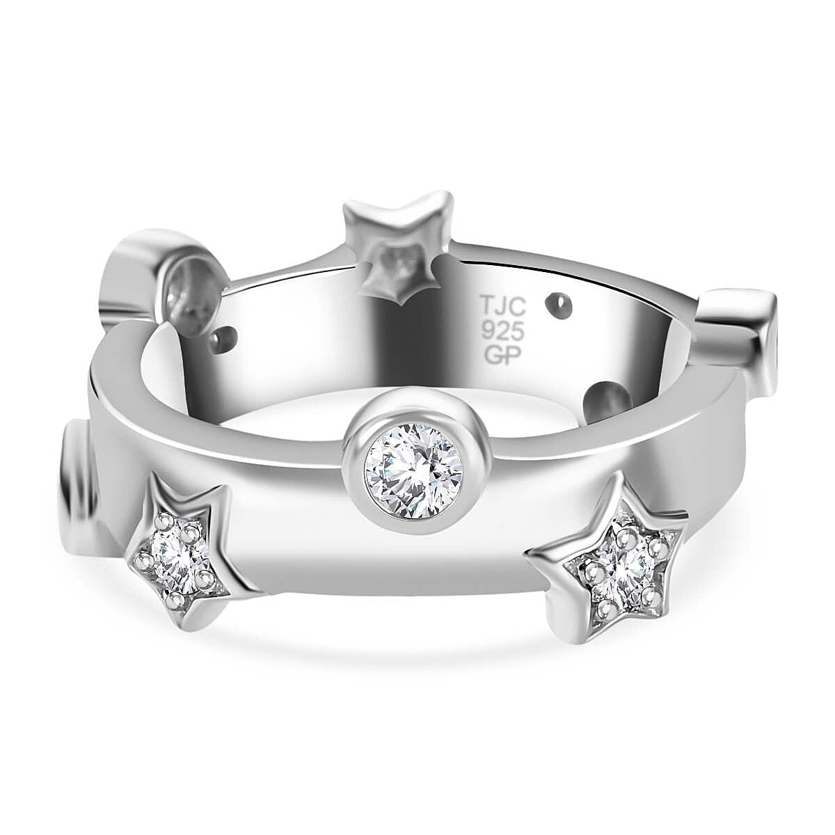 GP Moissanite, Blue Sapphire Moon Star Ring in Platinum Overlay Sterling Silver 7624671 0