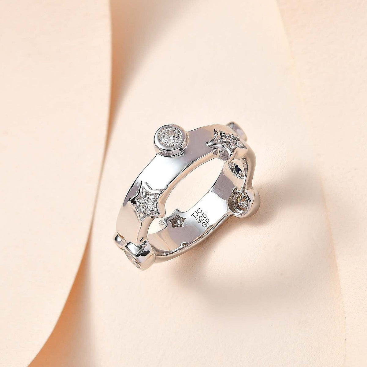 GP Moissanite, Blue Sapphire Moon Star Ring in Platinum Overlay Sterling Silver 7624671 2