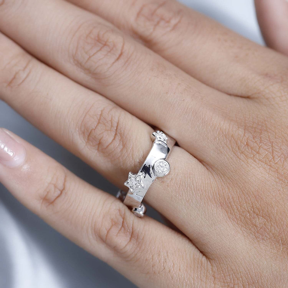 GP Moissanite, Blue Sapphire Moon Star Ring in Platinum Overlay Sterling Silver 7624671 3