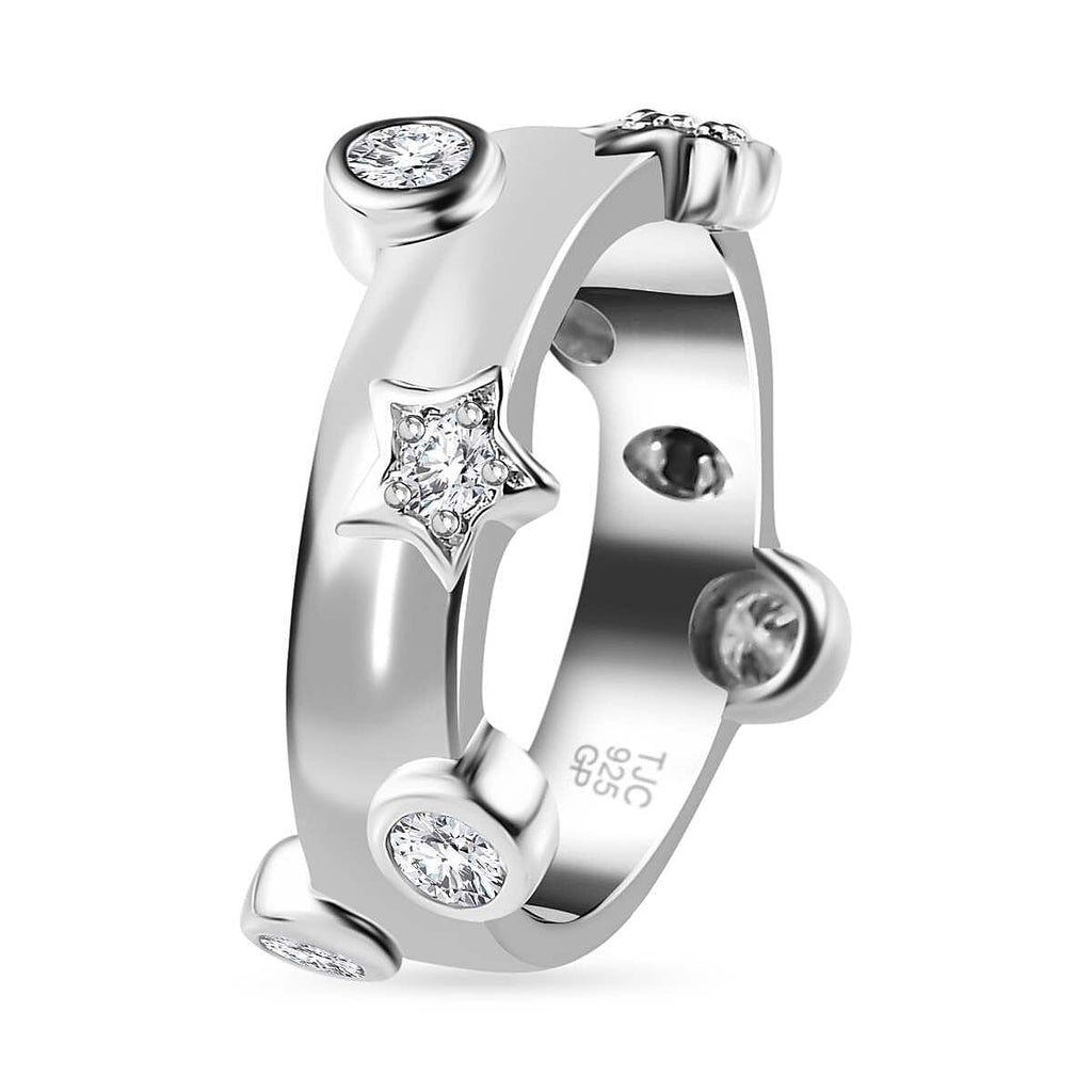 GP Moissanite & Blue Sapphire Moon Star Ring in Platinum Overlay Sterling Silver