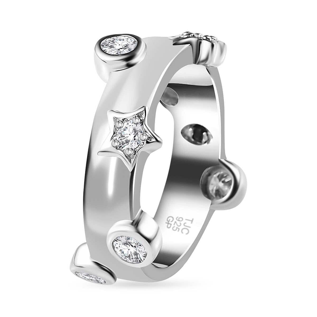 GP Moissanite, Blue Sapphire Moon Star Ring in Platinum Overlay Sterling Silver 7624671 4