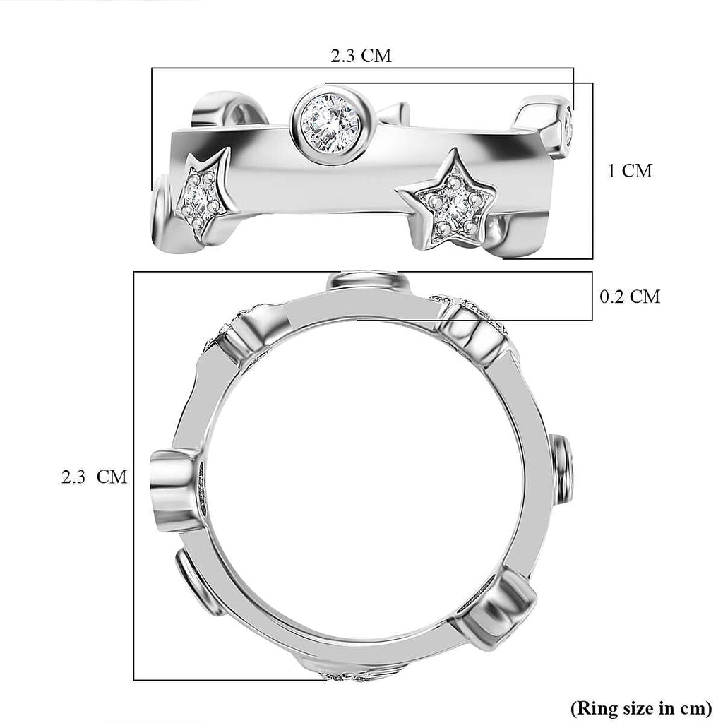 GP Moissanite & Blue Sapphire Moon Star Ring in Platinum Overlay Sterling Silver