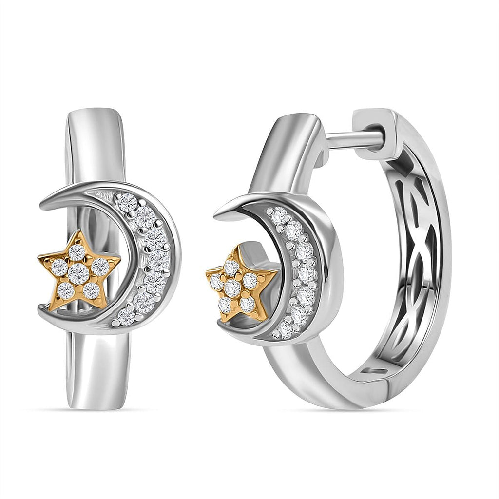 GP Celestial Collection - Moissanite & Blue Sapphire Hoop Earring in 18K Vermeil Yellow Gold Plated & Rhodium Overlay Sterling Silver