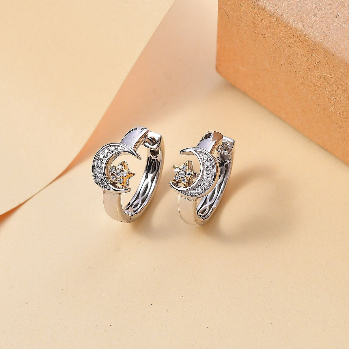 GP Celestial Dream Collection - Moissanite Crescent Moon Star Hoop Earrings in Rhodium and 18K Vermeil Yellow Gold Plated Sterling Silver 7958651 2