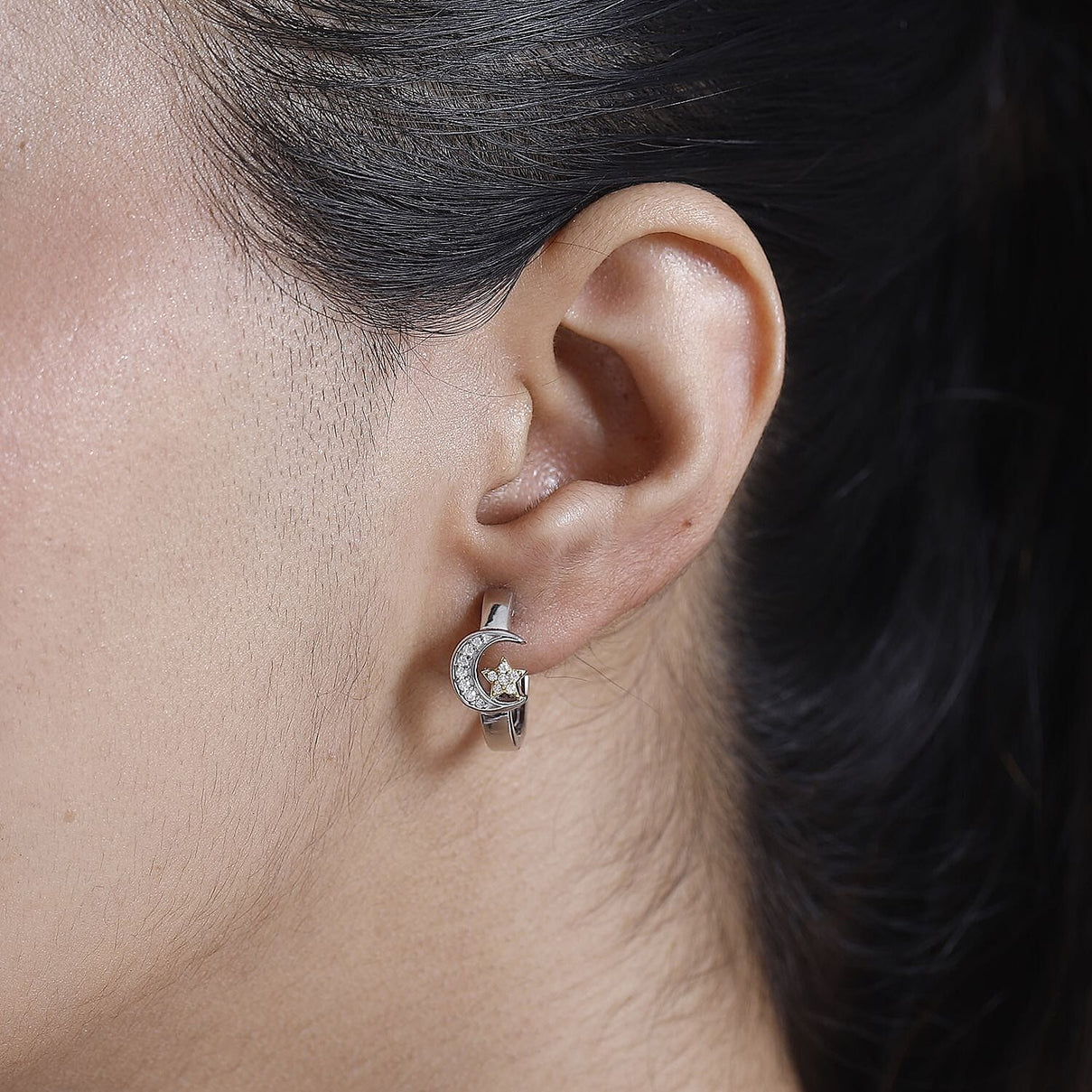 GP Celestial Dream Collection - Moissanite Crescent Moon Star Hoop Earrings in Rhodium and 18K Vermeil Yellow Gold Plated Sterling Silver 7958651 3