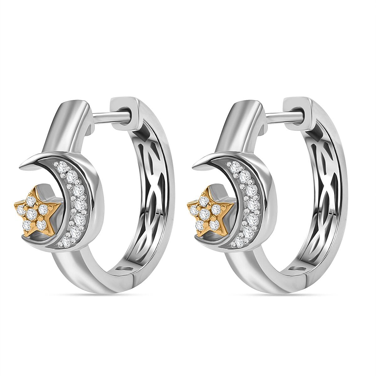 GP Celestial Dream Collection - Moissanite Crescent Moon Star Hoop Earrings in Rhodium and 18K Vermeil Yellow Gold Plated Sterling Silver 7958651 4