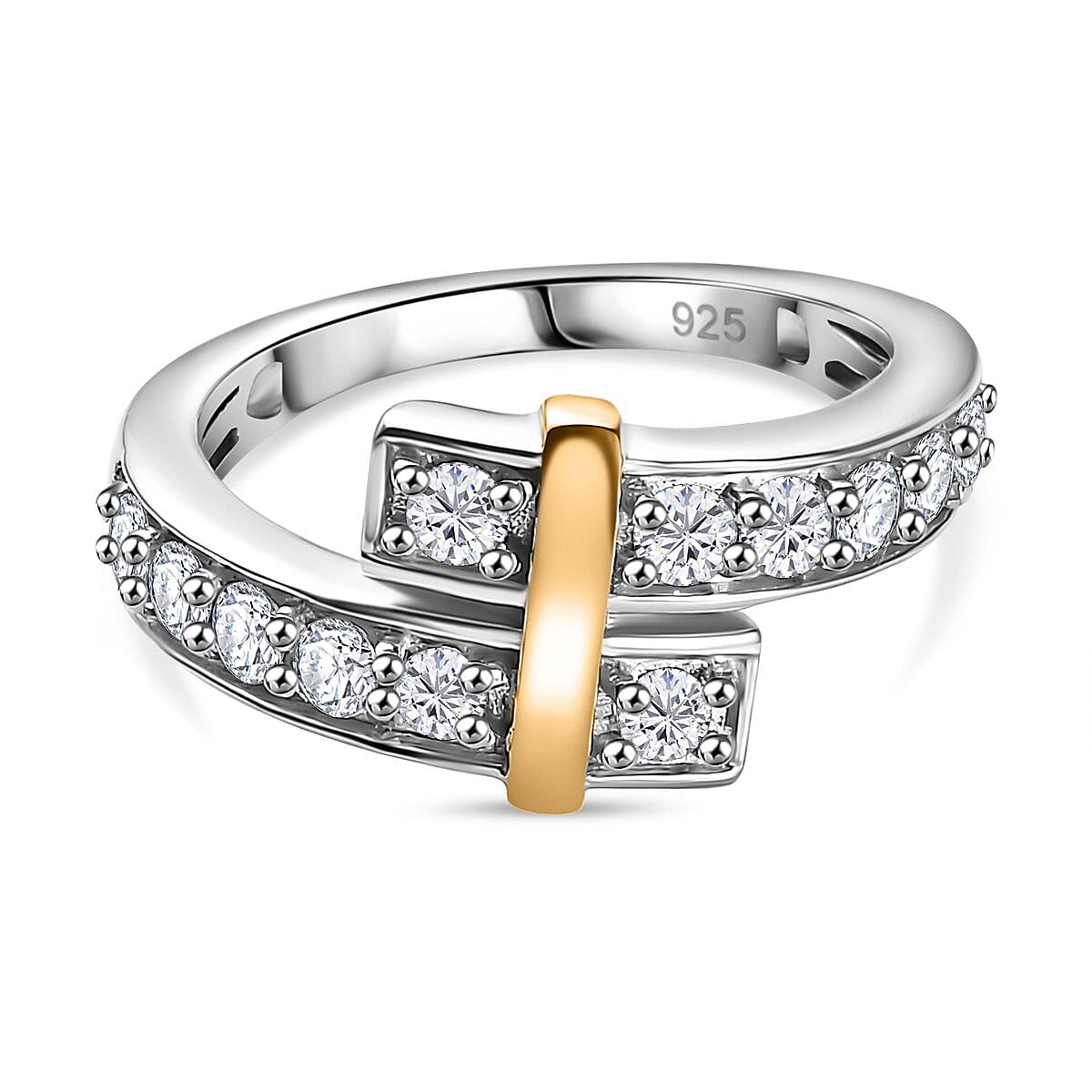 Moissanite Bypass Ring in Rhodium Overlay and 18K Yellow Gold Vermeil Plated Sterling Silver 7815414 0