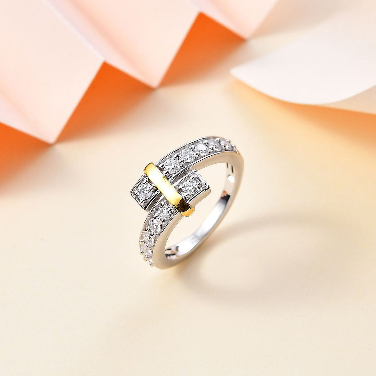 Moissanite Bypass Ring in Rhodium Overlay and 18K Yellow Gold Vermeil Plated Sterling Silver 7815414 1