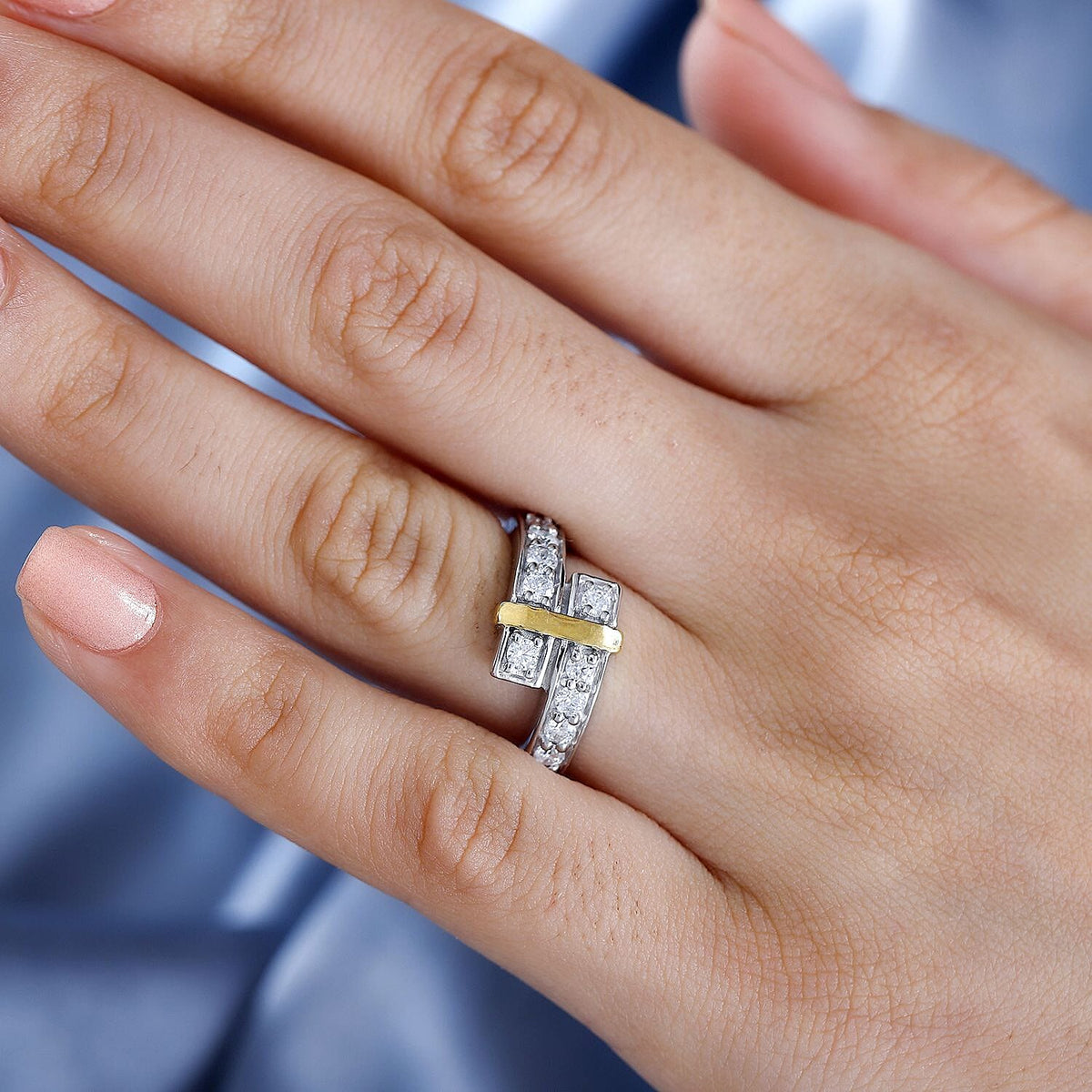 Moissanite Bypass Ring in Rhodium Overlay and 18K Yellow Gold Vermeil Plated Sterling Silver 7815414 2