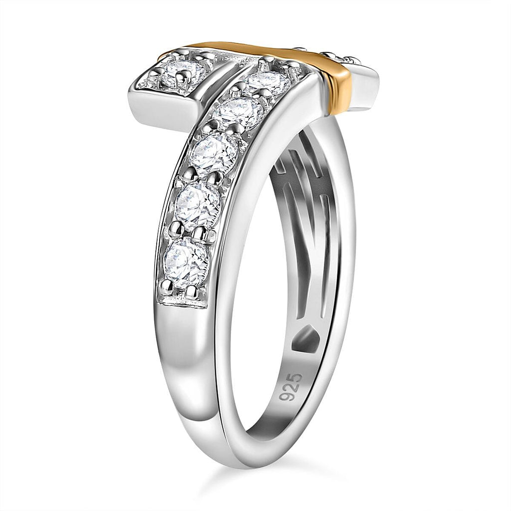Moissanite Bypass Ring in Rhodium Overlay & 18K YG Vermeil Plated Sterling Silver