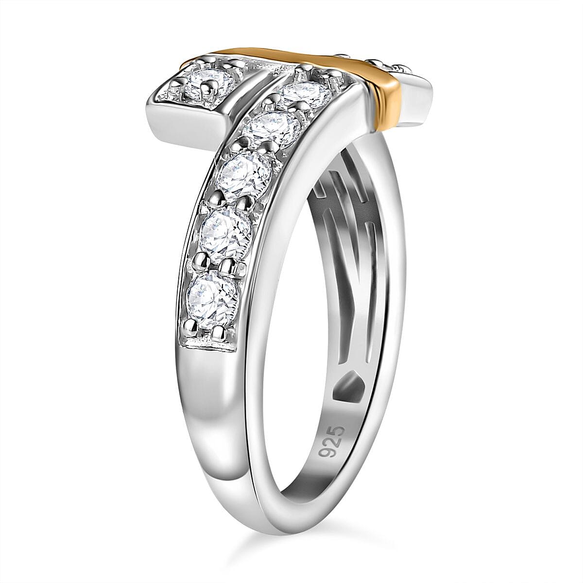 Moissanite Bypass Ring in Rhodium Overlay and 18K Yellow Gold Vermeil Plated Sterling Silver 7815414 3