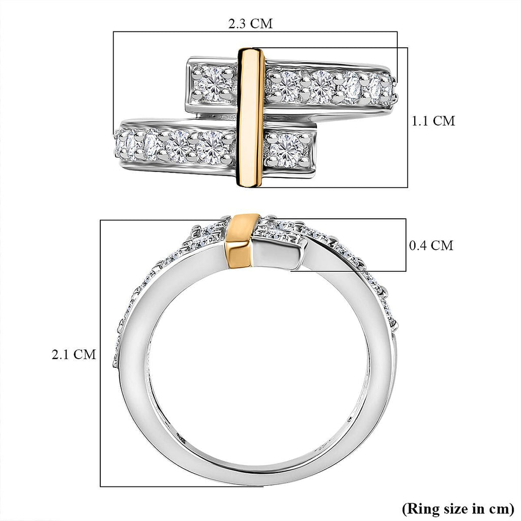 Moissanite Bypass Ring in Rhodium Overlay & 18K YG Vermeil Plated Sterling Silver