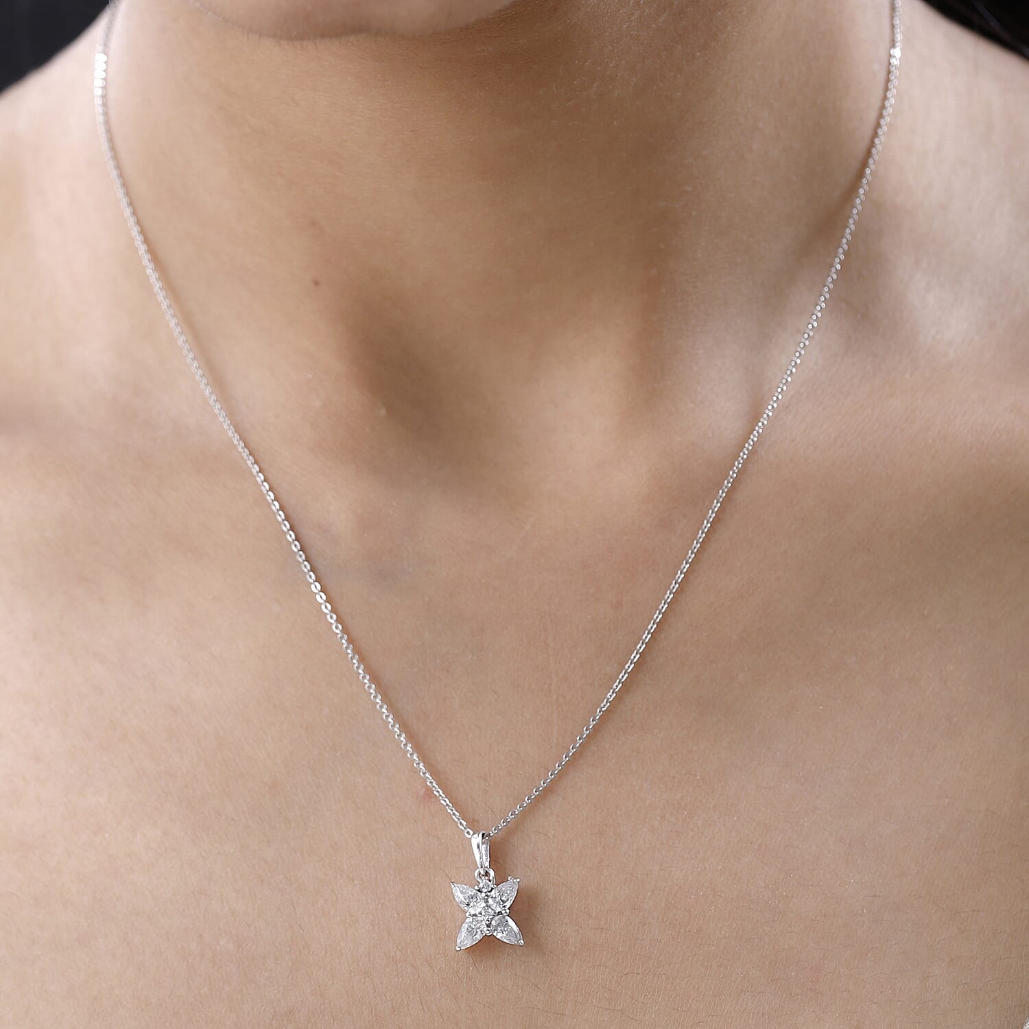 Moissanite Floral Pendant with Chain (Size 20) in Platinum Overlay Sterling Silver 4149468 1