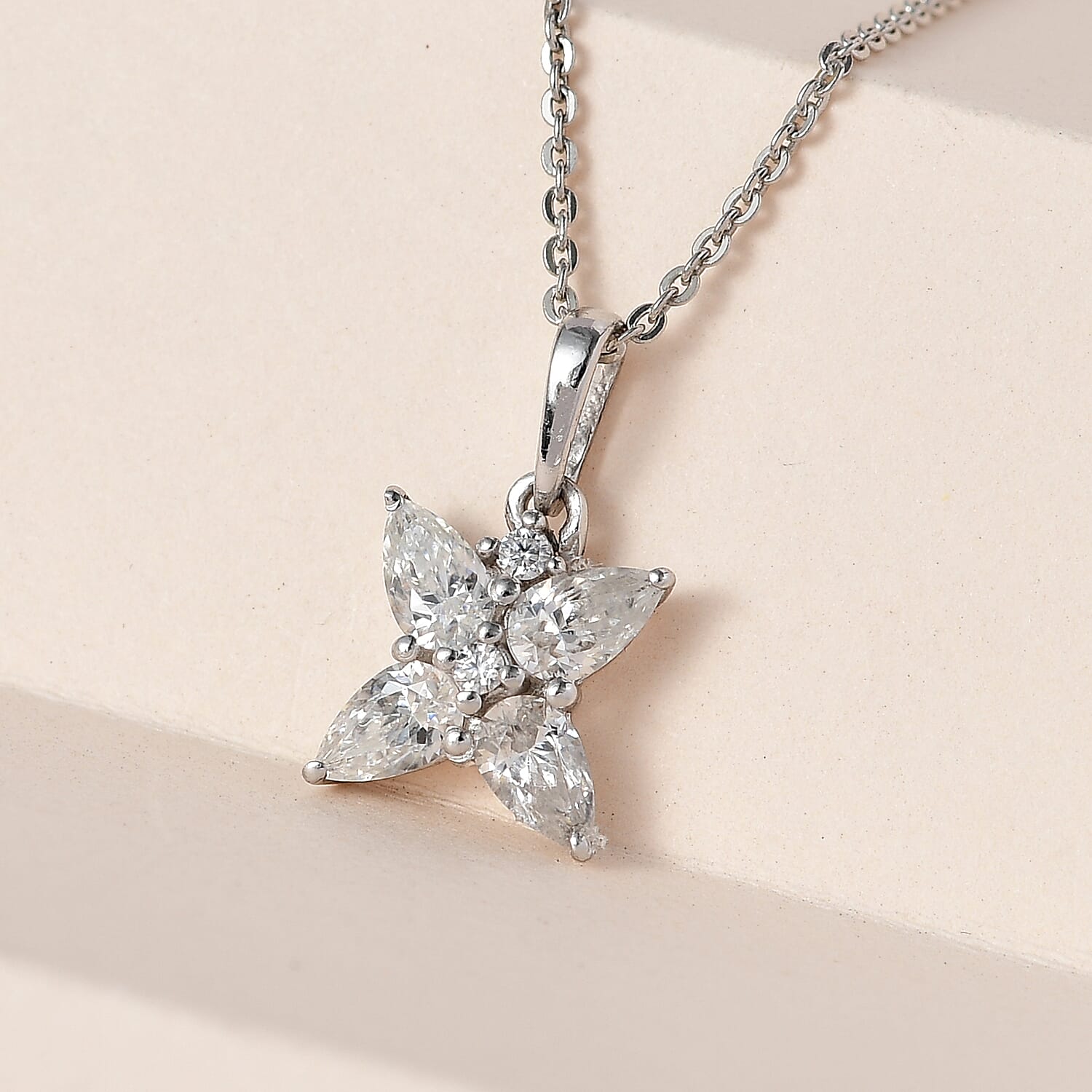 Moissanite Floral Pendant with Chain (Size 20) in Platinum Overlay Sterling Silver 4149468 2