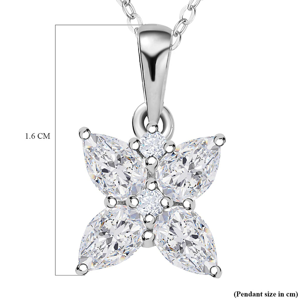 Moissanite Floral Pendant with Chain (Size 20) in Platinum Overlay Sterling Silver