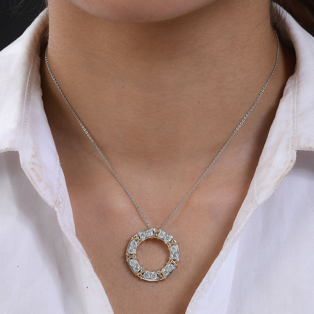 Royal Bali Collection - D'Joy Moissanite Circle Pendant with Chain (Size 20) in Yellow Gold Plated & Platinum Overlay Sterling Silver 1.40 Ct