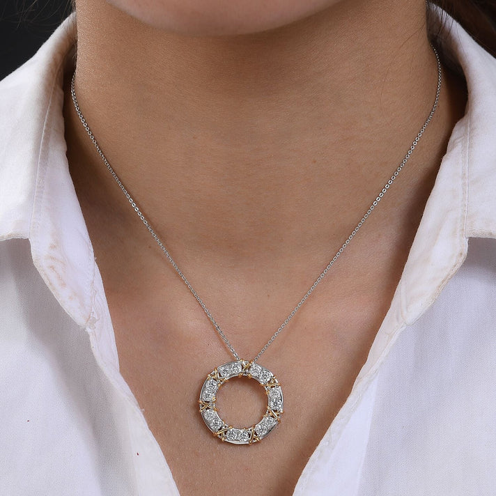 Royal Bali Collection - D'Joy Moissanite Circle Pendant with Chain (Size 20) in Yellow Gold Plated &amp; Platinum Overlay Sterling Silver 1.40 Ct 4145874 2