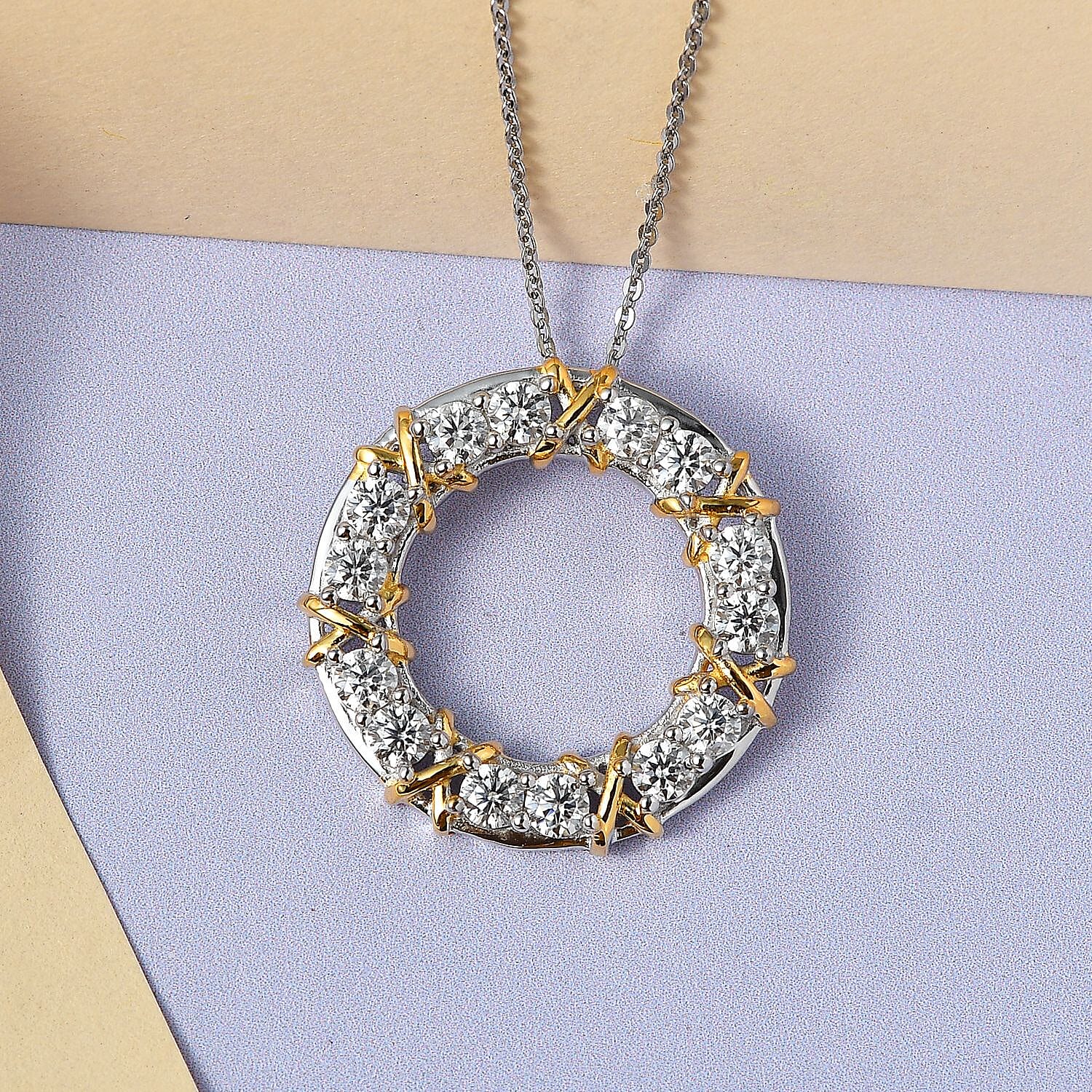 D'Joy Moissanite Circle Pendant with Chain (Size 20) in Yellow Gold Plated &amp; Platinum Overlay Sterling Silver 1.40 Ct V32521707 5
