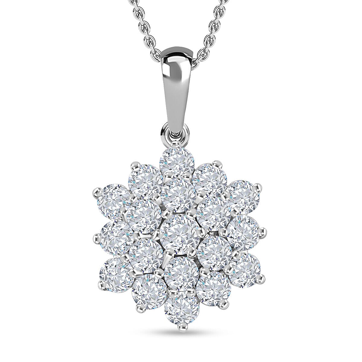 Moissanite Cluster Pendant with Chain (Size 20) in Platinum Overlay Sterling Silver 1.76 Ct. 4141214 0