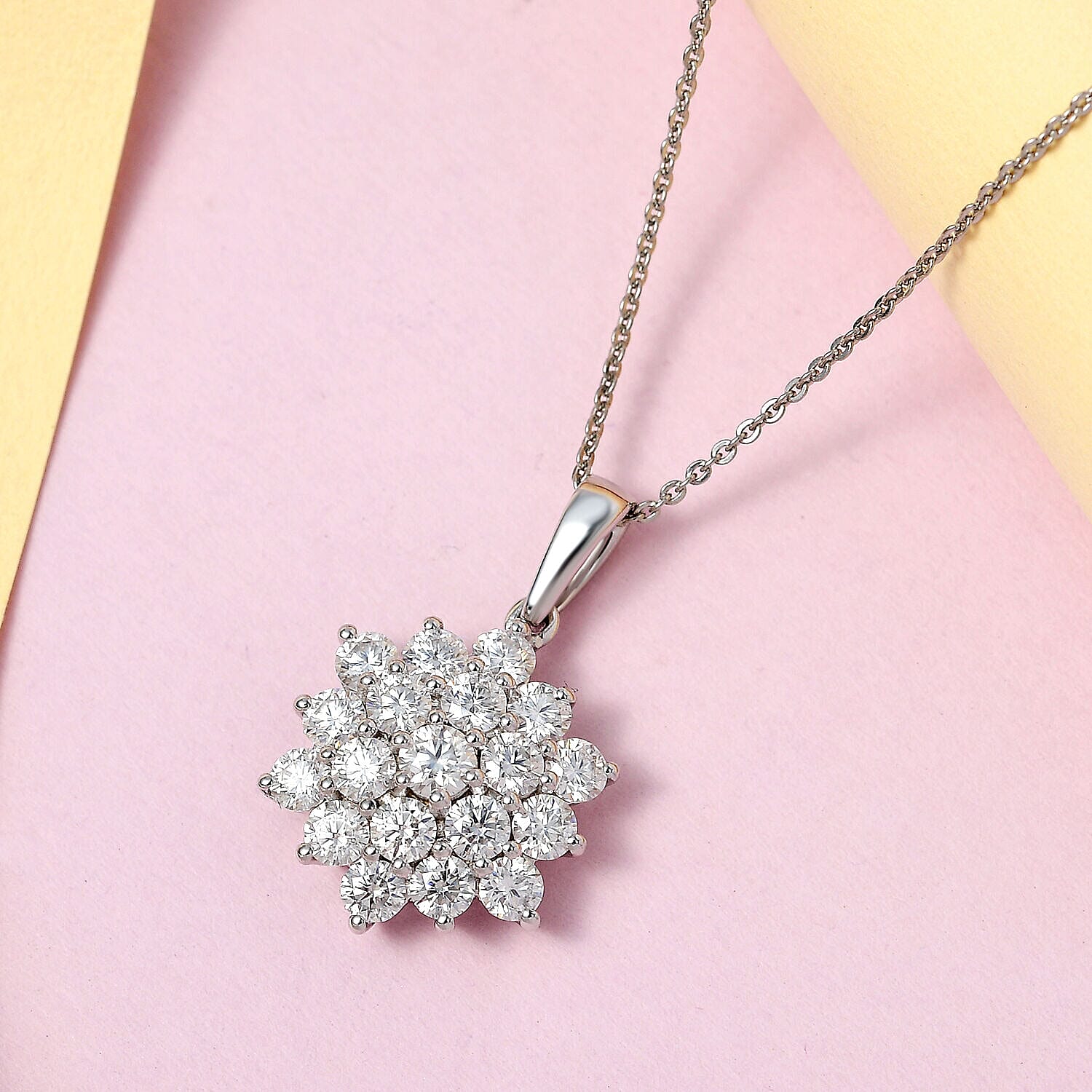 Moissanite Cluster Pendant with Chain (Size 20) in Platinum Overlay Sterling Silver 1.76 Ct. 4141214 3