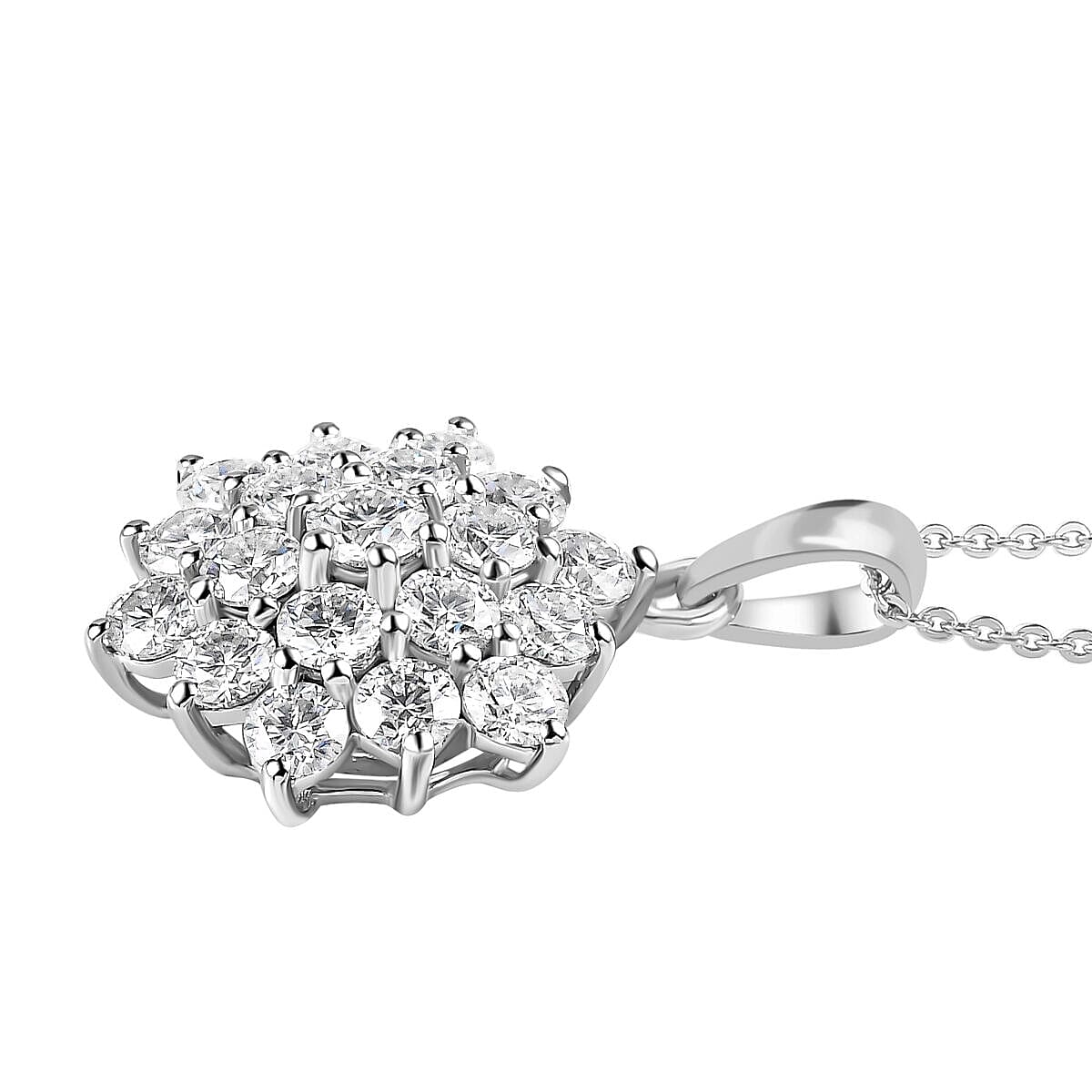 Moissanite Cluster Pendant with Chain (Size 20) in Platinum Overlay Sterling Silver 1.76 Ct. 4141214 4