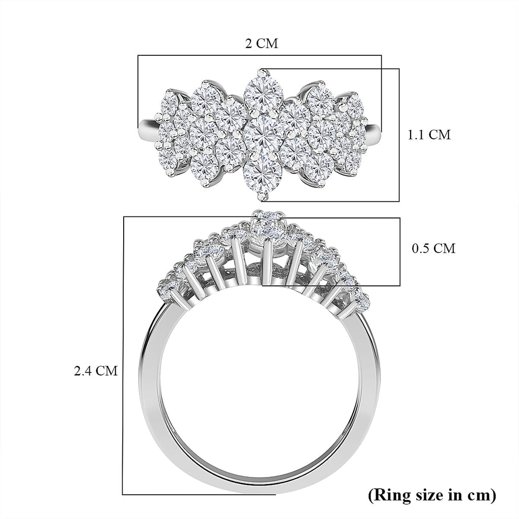 Moissanite Boat Cluster Ring in Platinum Overlay Sterling Silver 1.25 Ct