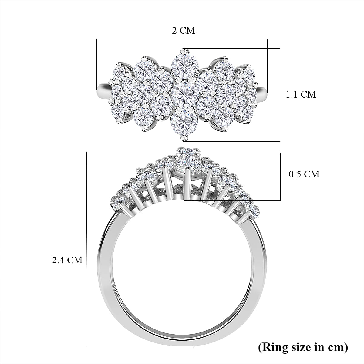 Moissanite Boat Cluster Ring in Platinum Overlay Sterling Silver 1.25 Ct 7710907 6
