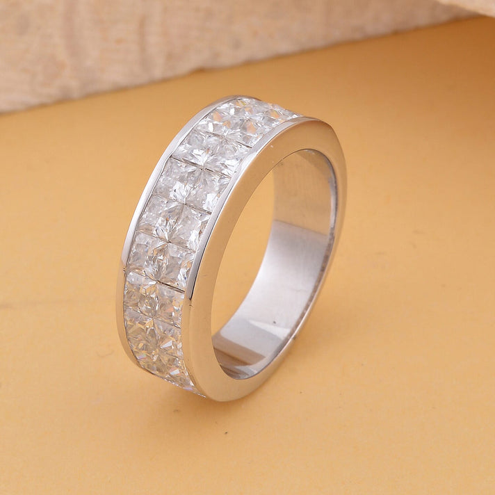 Moissanite Princess Cut Double Row Half Eternity Band RIng Rhodium Overlay Sterling Silver 7800004 2