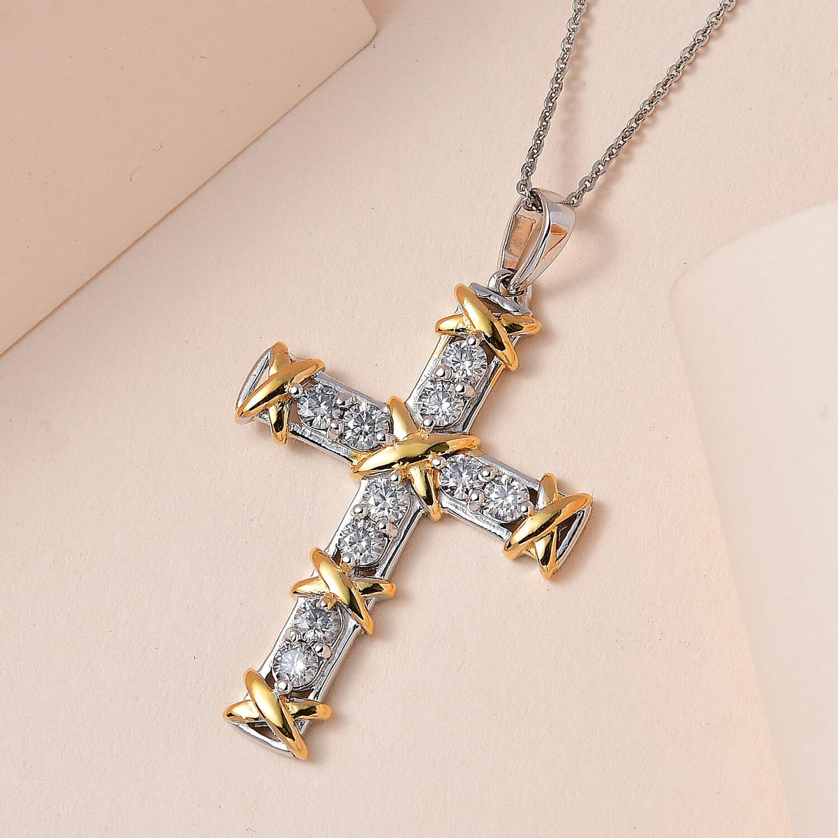 The Moissanite Kiss Cross Pendant with Chain (Size 20) in 18K Yellow Gold Vermeil &amp; Platinum Plated Sterling Silver 1.10 Ct, Silver Wt. 5.56 Gms 4167100 2
