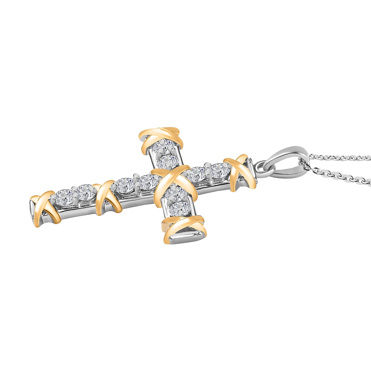 The Moissanite Kiss Cross Pendant with Chain (Size 20) in 18K Yellow Gold Vermeil &amp; Platinum Plated Sterling Silver 1.10 Ct, Silver Wt. 5.56 Gms 4167100 3