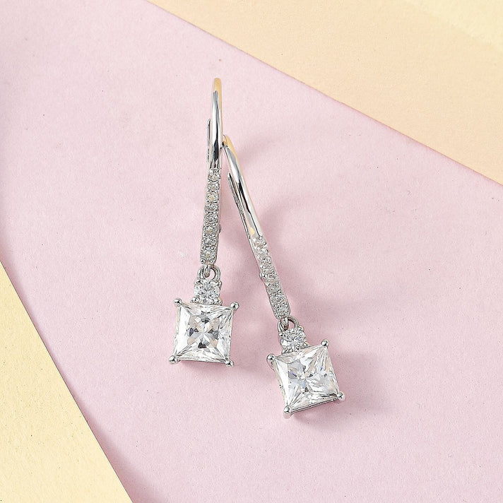 Moissanite Dangle Earrings in Platinum Overlay Sterling Silver 2.20 Ct. 7370896 2