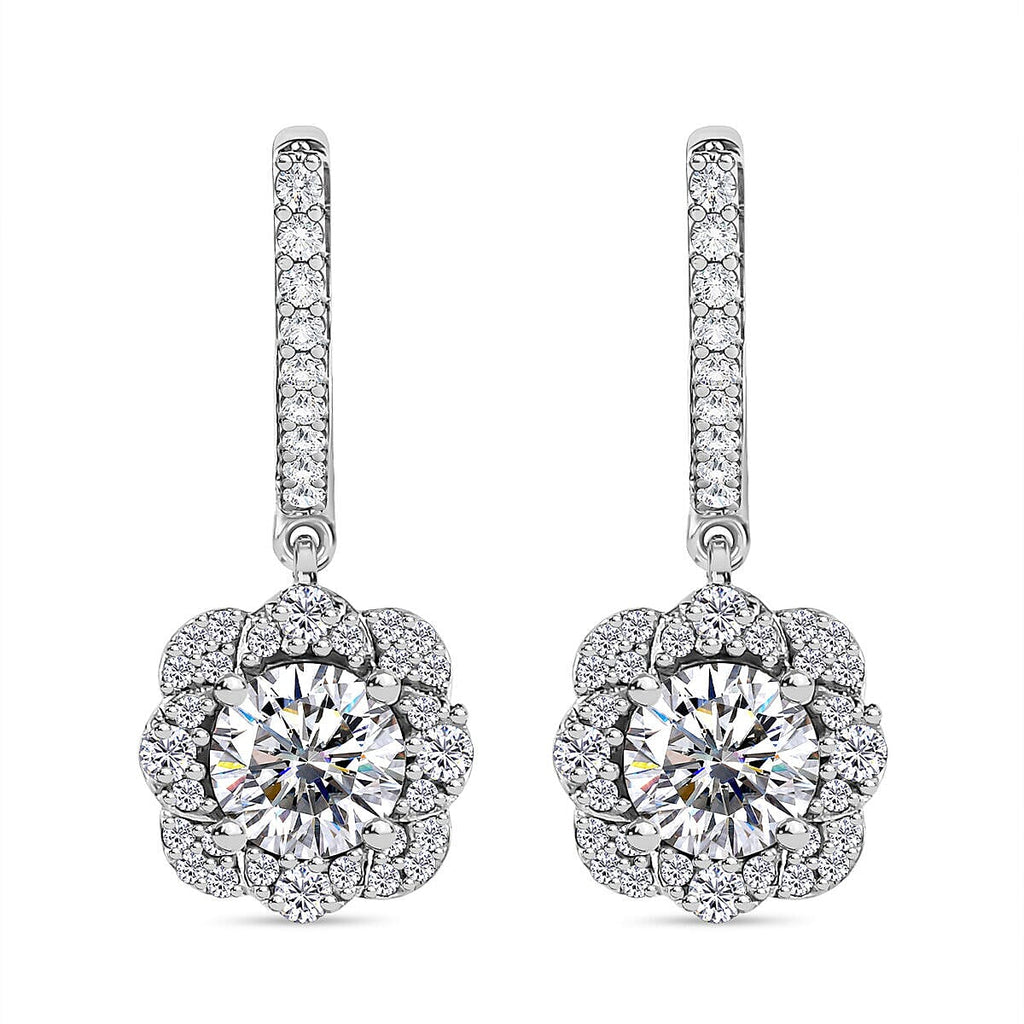 Moissanite Dangle Earrings in Platinum Overlay Sterling Silver 2.358 Ct.
