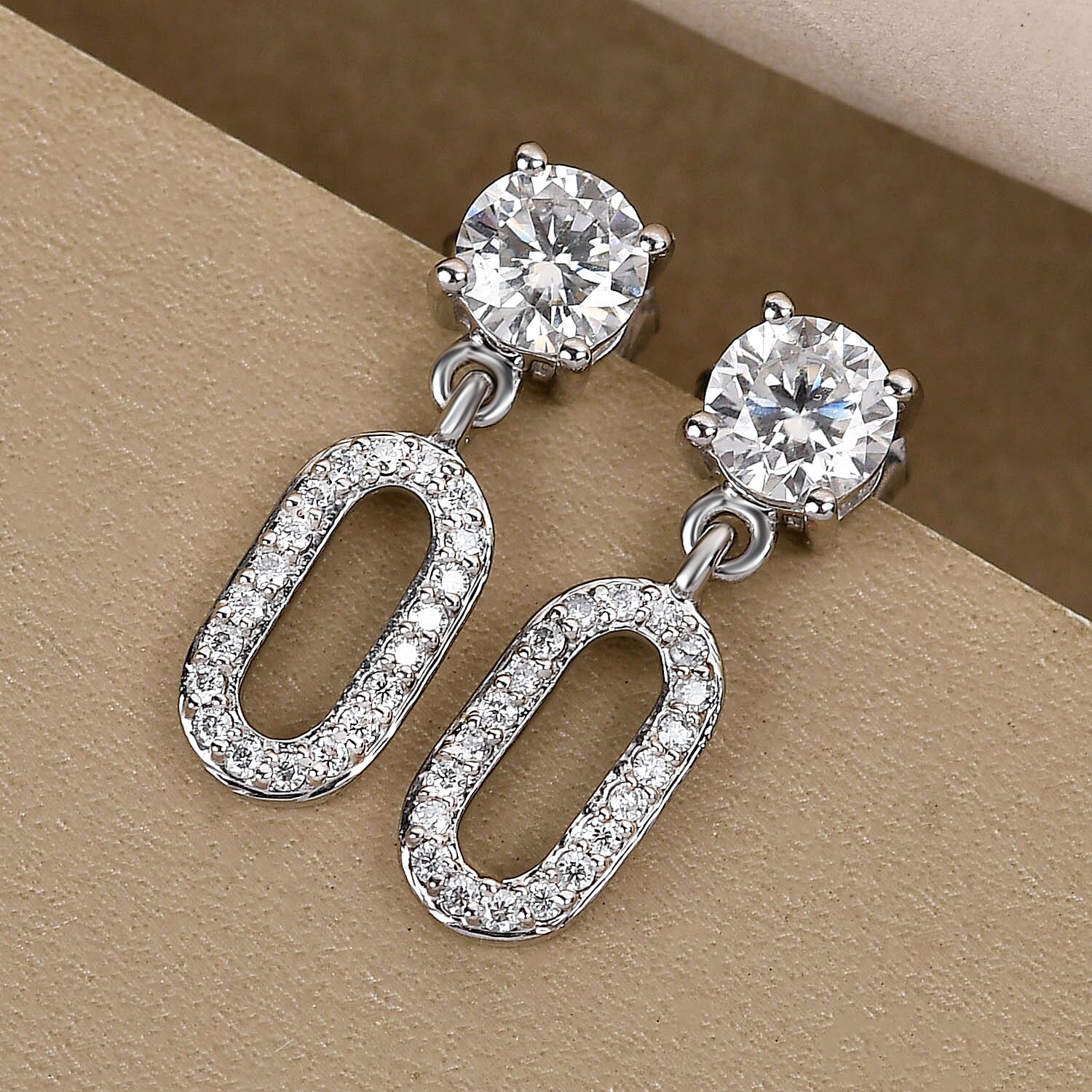 Moissanite Dangling Earrings (with Push Back) in Platinum Overlay Sterling Silver 1.05 Ct. 8919326 2