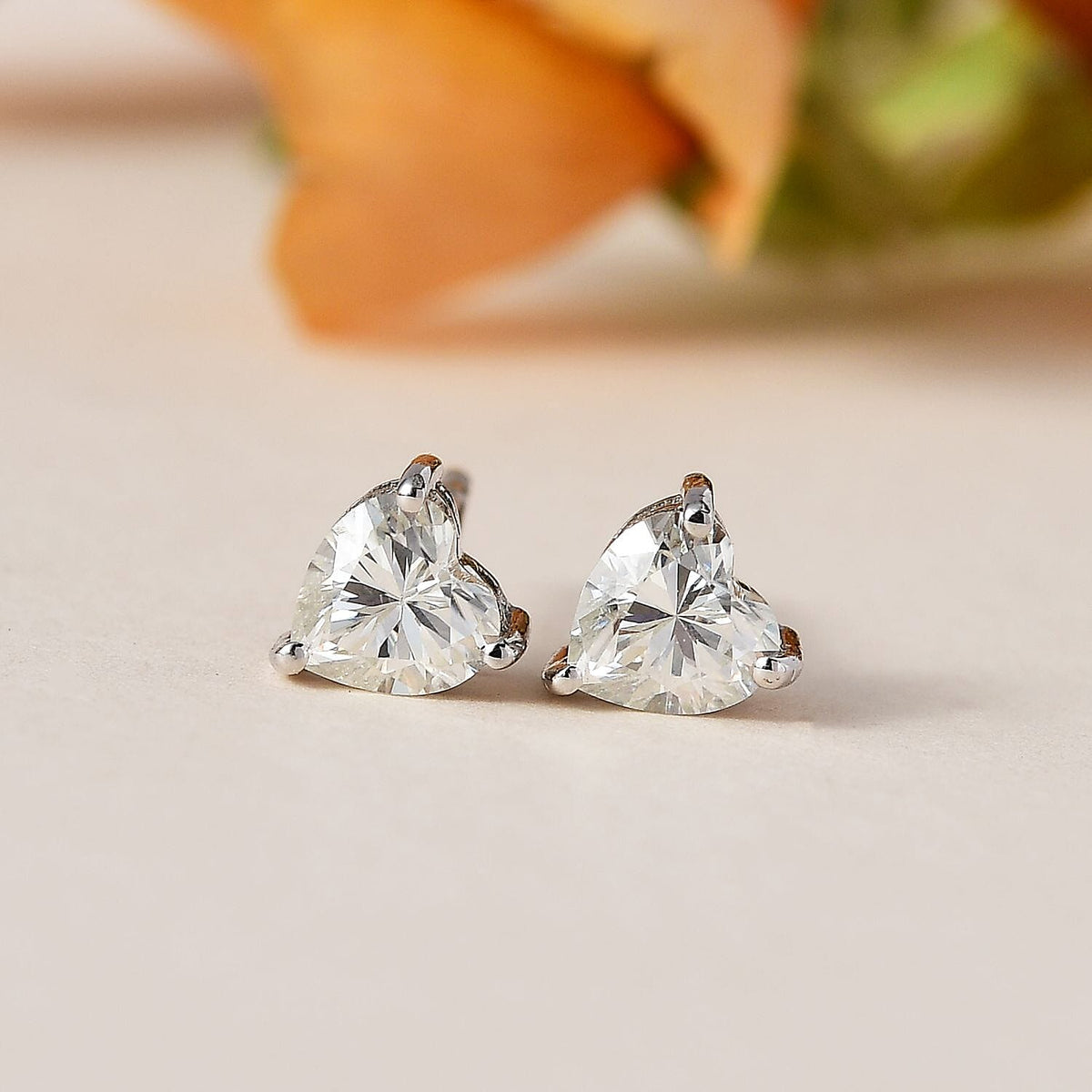 Moissanite Heart Solitaire Earrings in Platinum Overlay Sterling Silver 1.01 Ct. 7711739 2