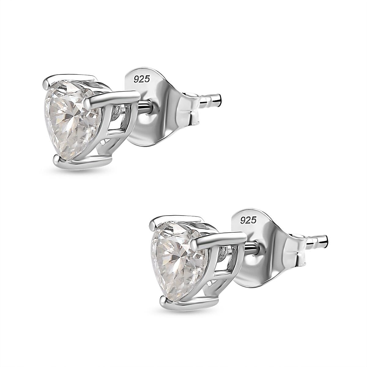 Moissanite Heart Solitaire Earrings in Platinum Overlay Sterling Silver 1.01 Ct. 7711739 4
