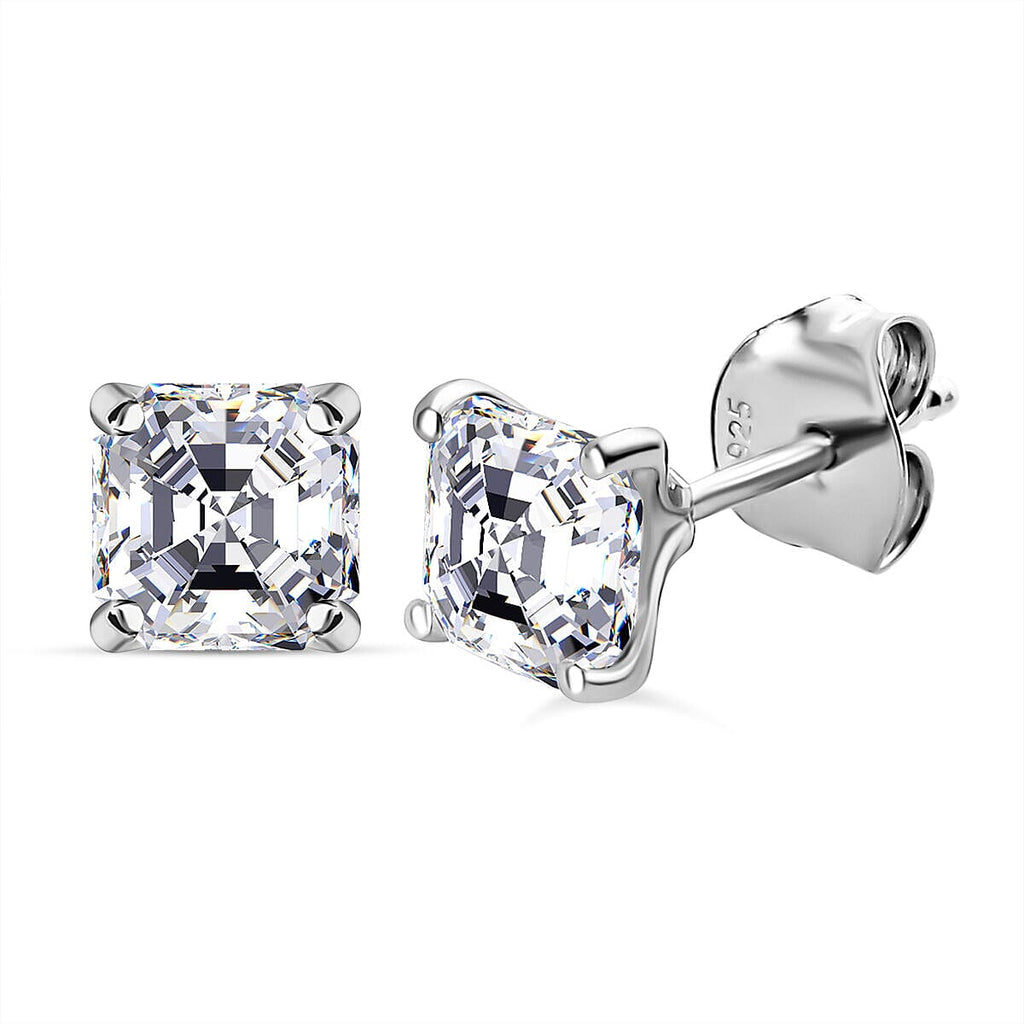Moissanite (Asscher Cut) Stud Earrings (with Push Back) in Platinum Overlay Sterling Silver 2.44 Ct.