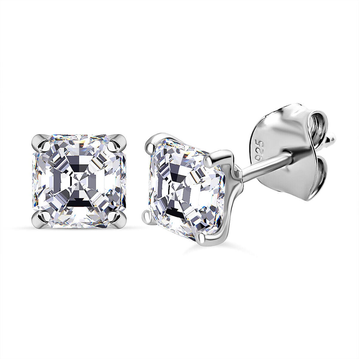 Moissanite (Asscher Cut) Stud Earrings (With Push Back) in Platinum Overlay Sterling Silver 2.44 Ct. 7320444 0