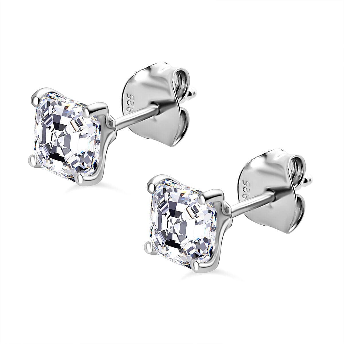 Moissanite (Asscher Cut) Stud Earrings (With Push Back) in Platinum Overlay Sterling Silver 2.44 Ct. 7320444 4