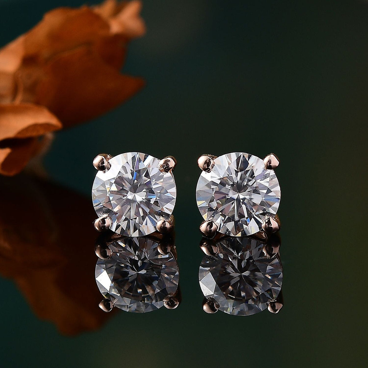 Moissanite Solitaire Stud Earrings with Push Back in 18K Vermeil Rose Gold Plated Sterling Silver 1. V32514363 2
