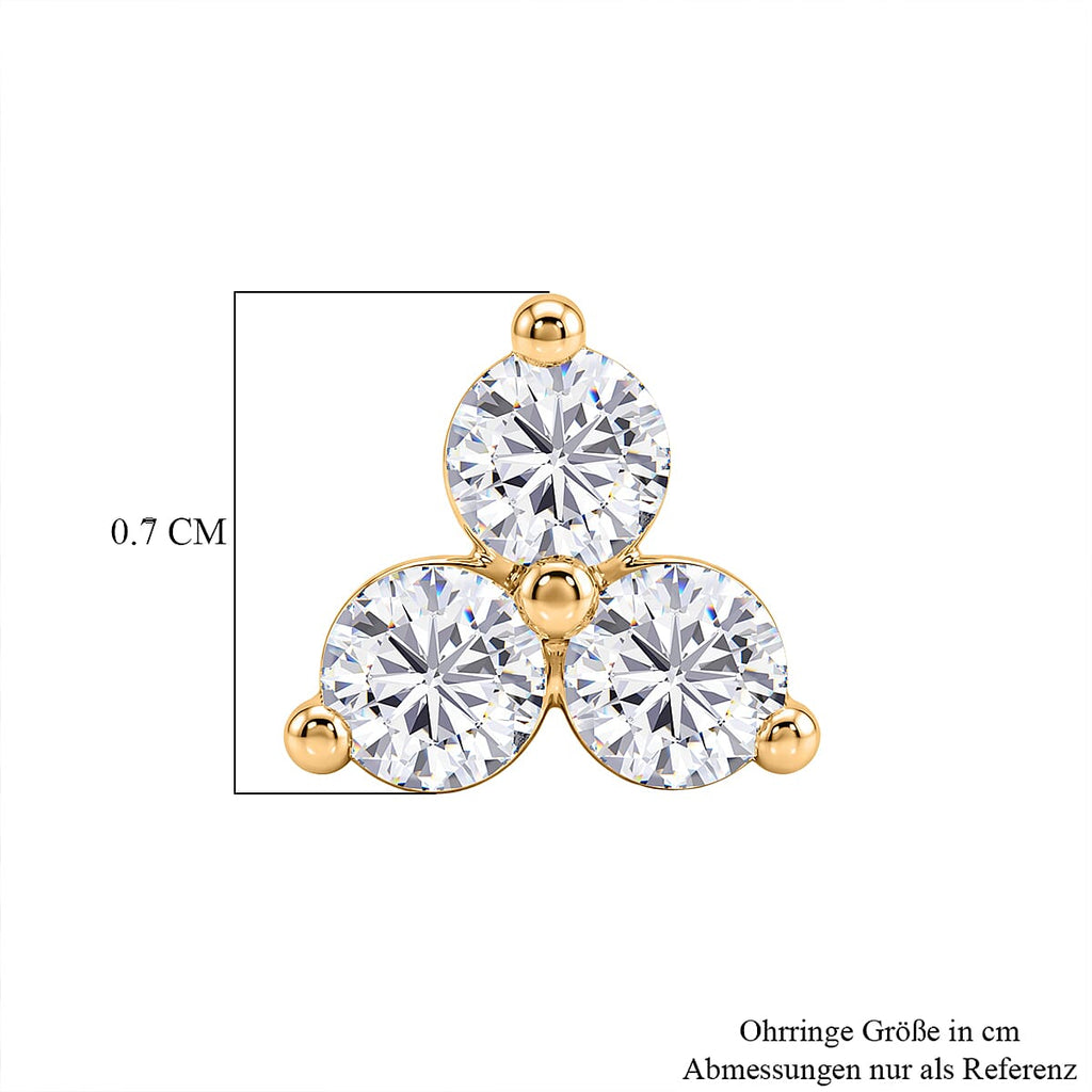 Moissanite Trilogy Cluster Stud Earring with Push Back in Yellow Gold Plated Sterling Silver