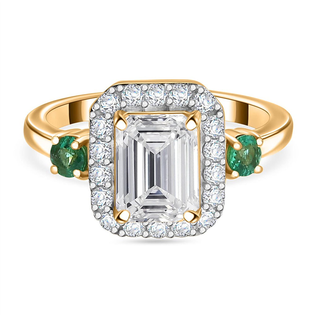 Moissanite ,  Emerald  Cluster Ring in 18K YG Vermeil Sterling Silver 2.40 ct  2.300  Ct.