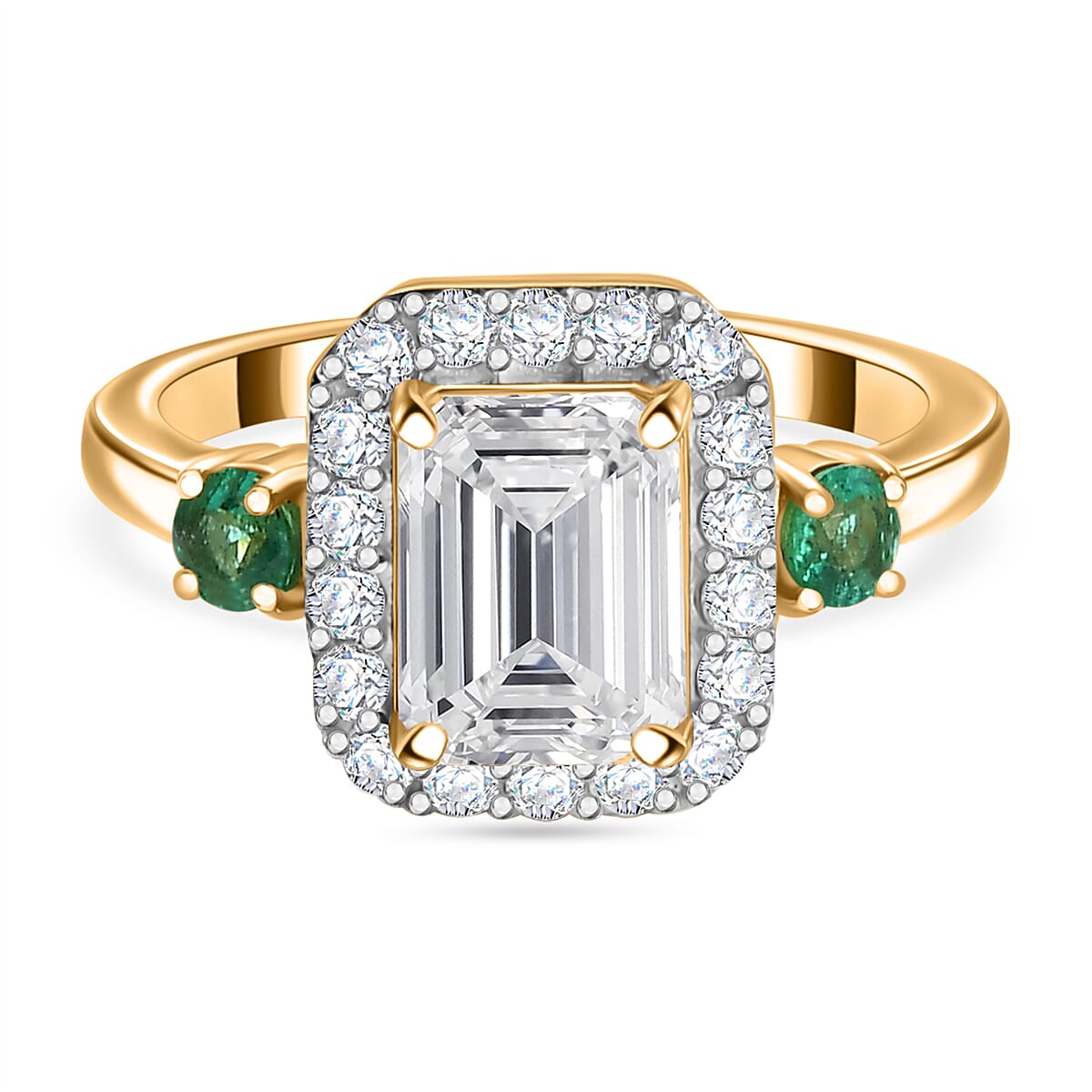 Moissanite, Emerald Halo Ring in 18K Yellow Gold Vermeil Plated Sterling Silver 7860304 0