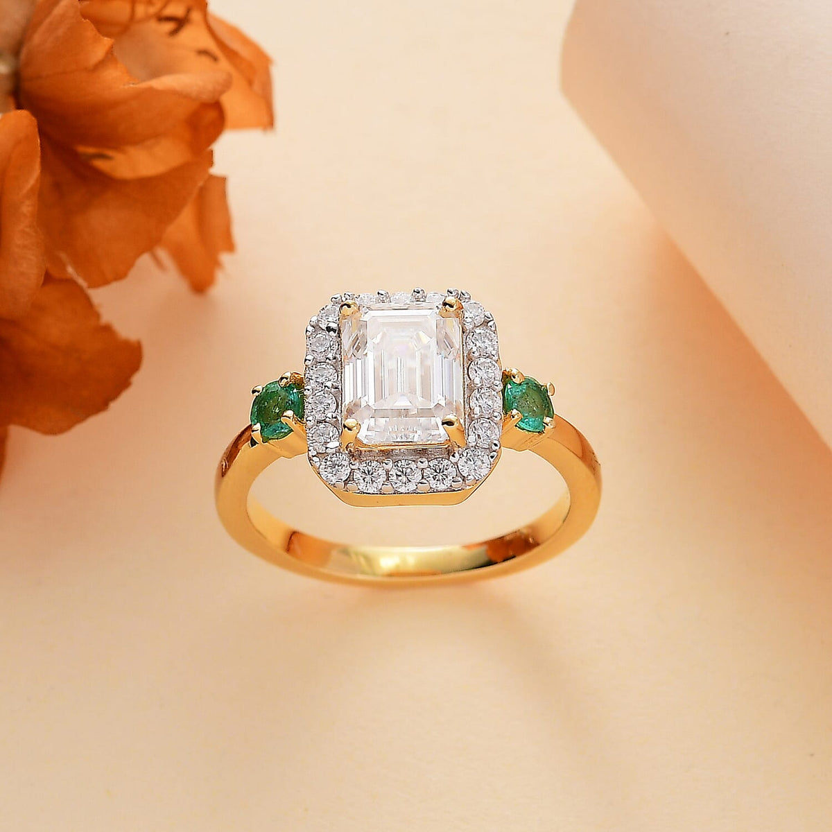 Moissanite, Emerald Halo Ring in 18K Yellow Gold Vermeil Plated Sterling Silver 7860304 1