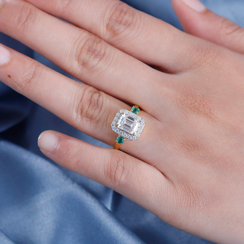 Moissanite ,  Emerald  Cluster Ring in 18K YG Vermeil Sterling Silver 2.40 ct  2.300  Ct.