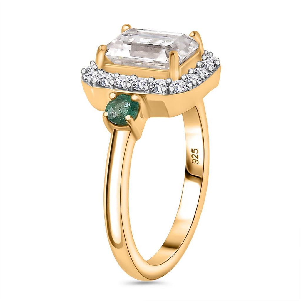 Moissanite ,  Emerald  Cluster Ring in 18K YG Vermeil Sterling Silver 2.40 ct  2.300  Ct.