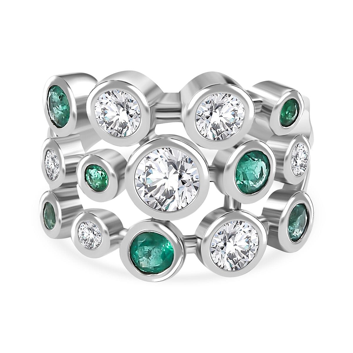 Moissanite &amp; Gemfield Emerald Bubble Ring in Rhodium Overlay Sterling Silver 2.21 Ct. 7884313 0