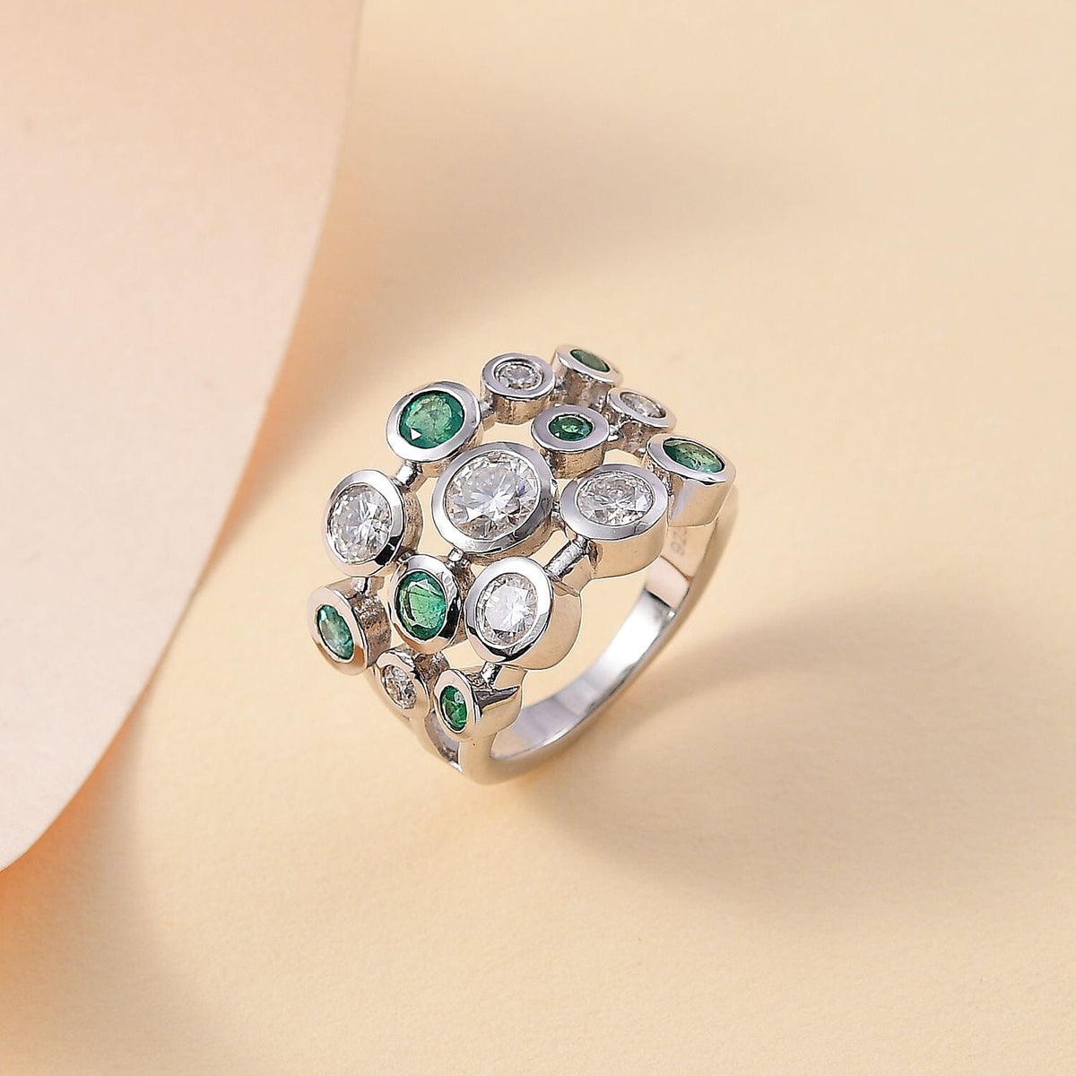 Moissanite &amp; Gemfield Emerald Bubble Ring in Rhodium Overlay Sterling Silver 2.21 Ct. 7884313 1